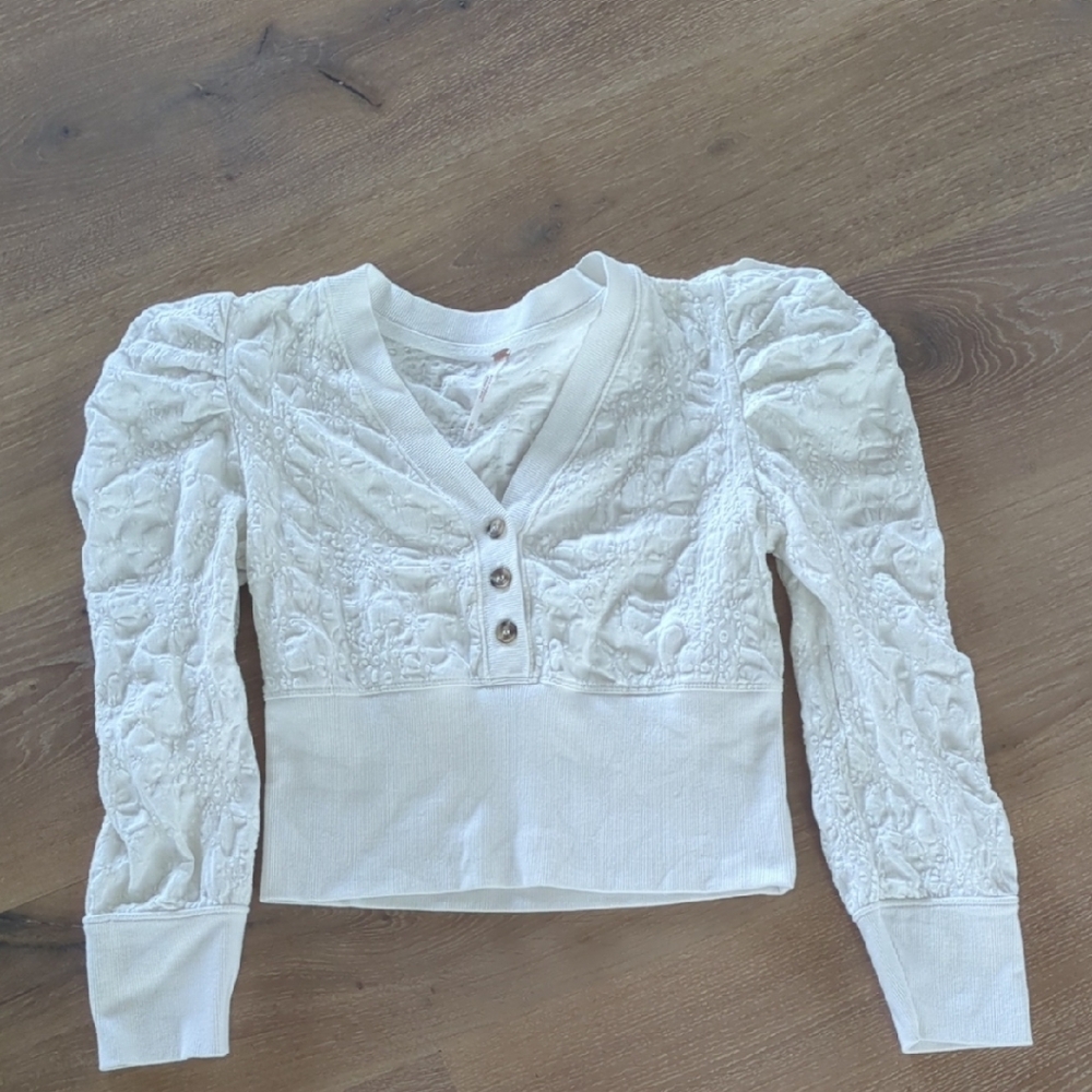 Free People White Puff Sleeve Ruched Blouse